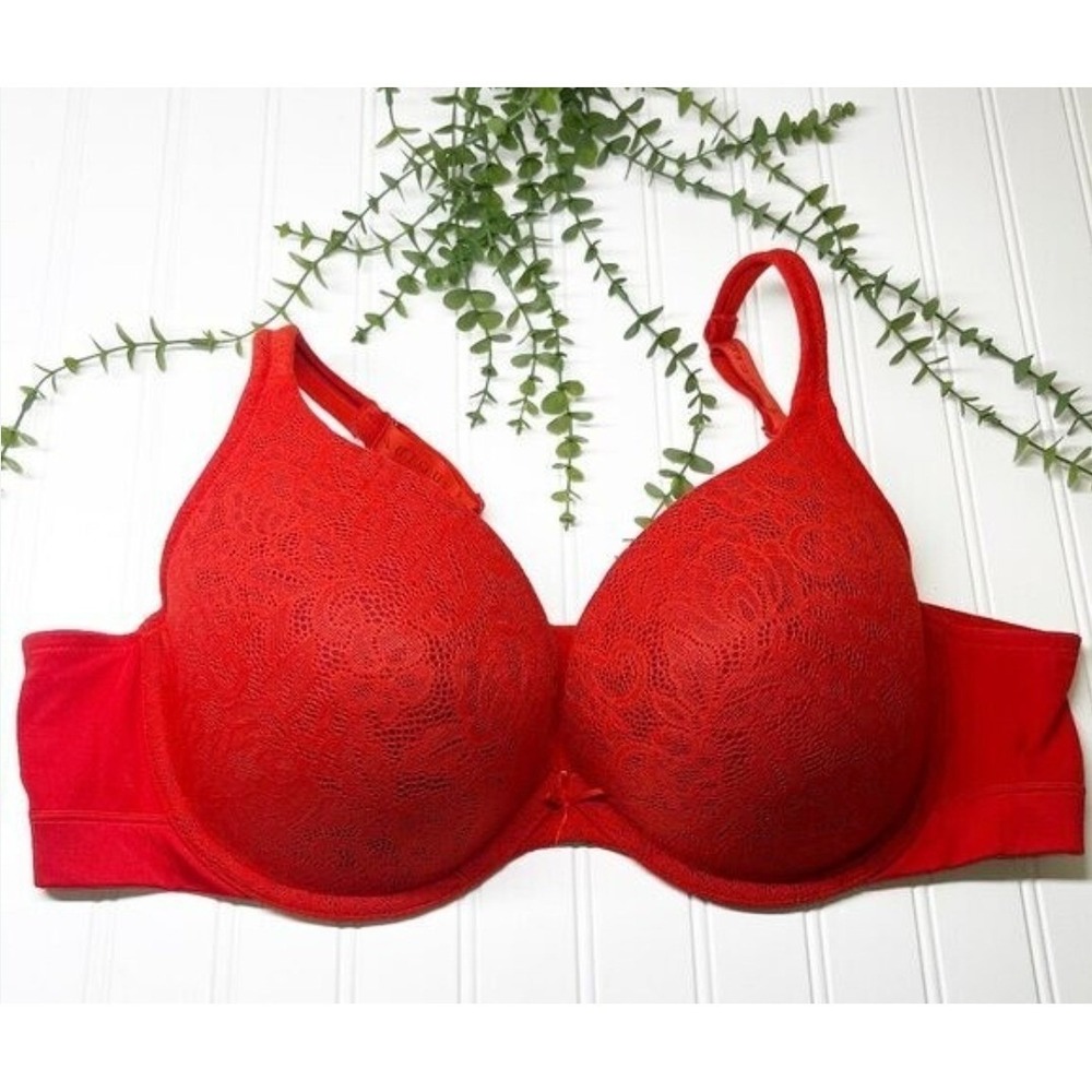 Cacique Boost Plunge Bra Womens 46C Red Floral Lace Padded Underwire Lane Bryant